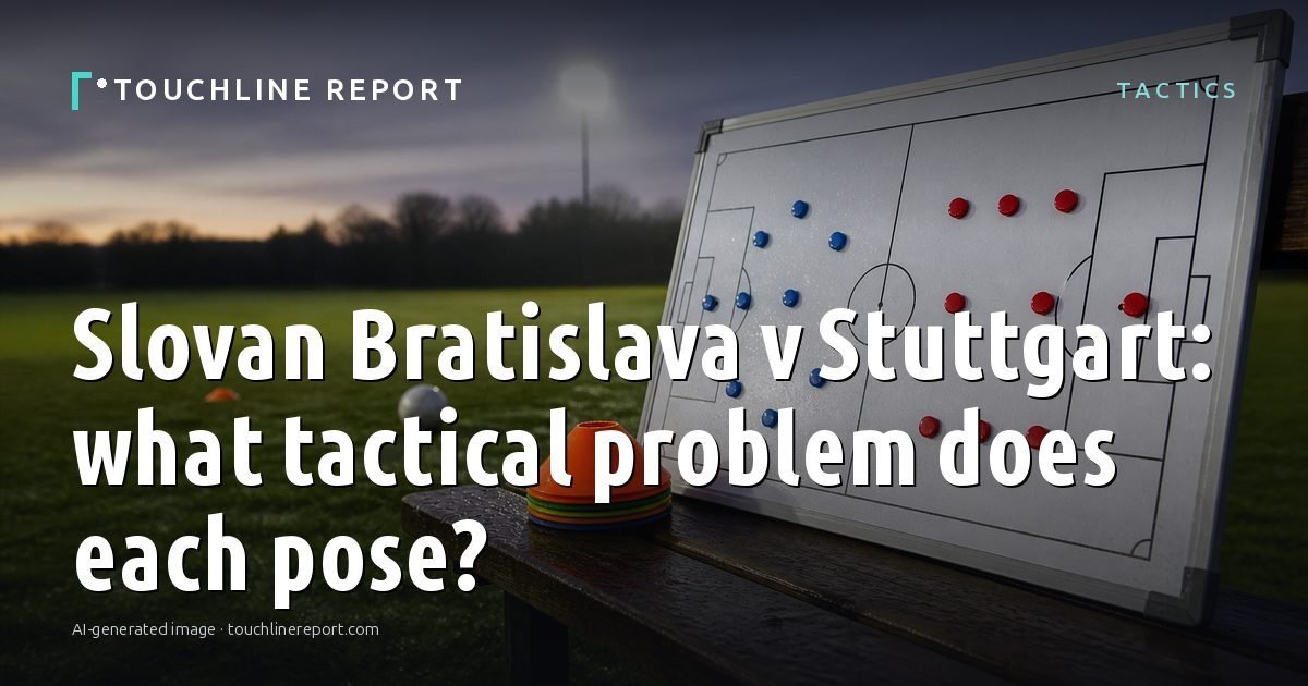 Illustration for the Tactics article “Slovan Bratislava v Stuttgart: what tactical problem does each pose?”: an AI-generated editorial illustration showing an empty training ground at dawn with cones and markers laid out, with the headline set over it. Illustrative only, not a photograph of a real event.