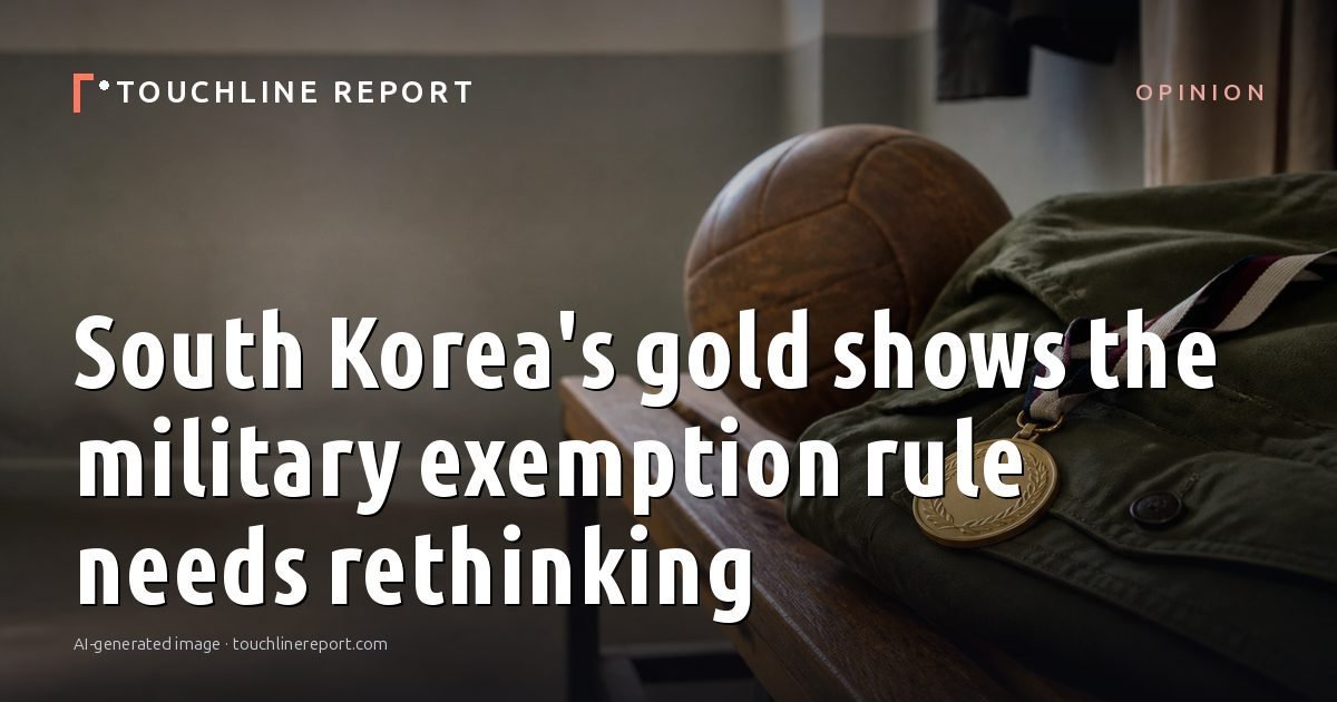 Illustration for the Opinion article “South Korea's gold shows the military exemption rule needs rethinking”: an AI-generated editorial illustration showing an empty training ground at dawn with cones and markers laid out, with the headline set over it. Illustrative only, not a photograph of a real event.