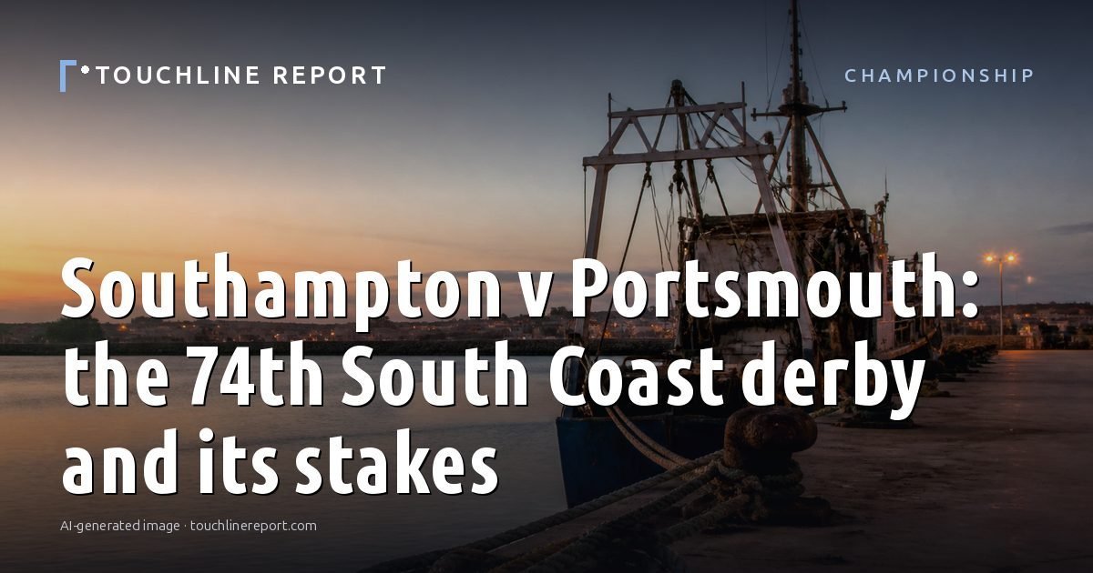 Illustration for the Championship article “Southampton v Portsmouth: the 74th South Coast derby and its stakes”: an AI-generated editorial illustration showing an empty training ground at dawn with cones and markers laid out, with the headline set over it. Illustrative only, not a photograph of a real event.