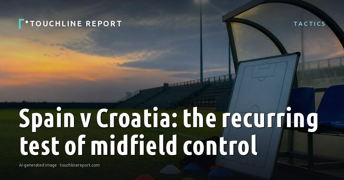 Illustration for the Tactics article “Spain v Croatia: the recurring test of midfield control”: an AI-generated editorial illustration showing an empty training ground at dawn with cones and markers laid out, with the headline set over it. Illustrative only, not a photograph of a real event.