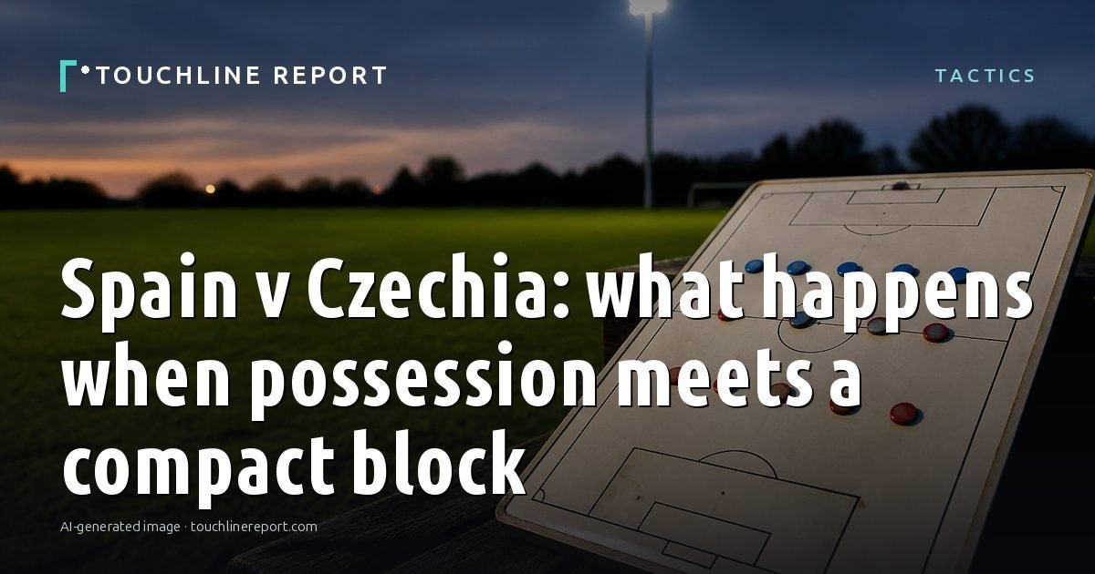 Illustration for the Tactics article “Spain v Czechia: what happens when possession meets a compact block”: an AI-generated editorial illustration showing an empty training ground at dawn with cones and markers laid out, with the headline set over it. Illustrative only, not a photograph of a real event.