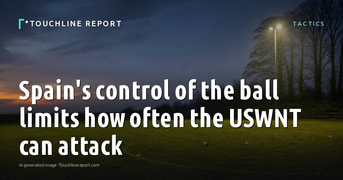 Illustration for the Tactics article “Spain's control of the ball limits how often the USWNT can attack”: an AI-generated editorial illustration showing an empty training ground at dawn with cones and markers laid out, with the headline set over it. Illustrative only, not a photograph of a real event.