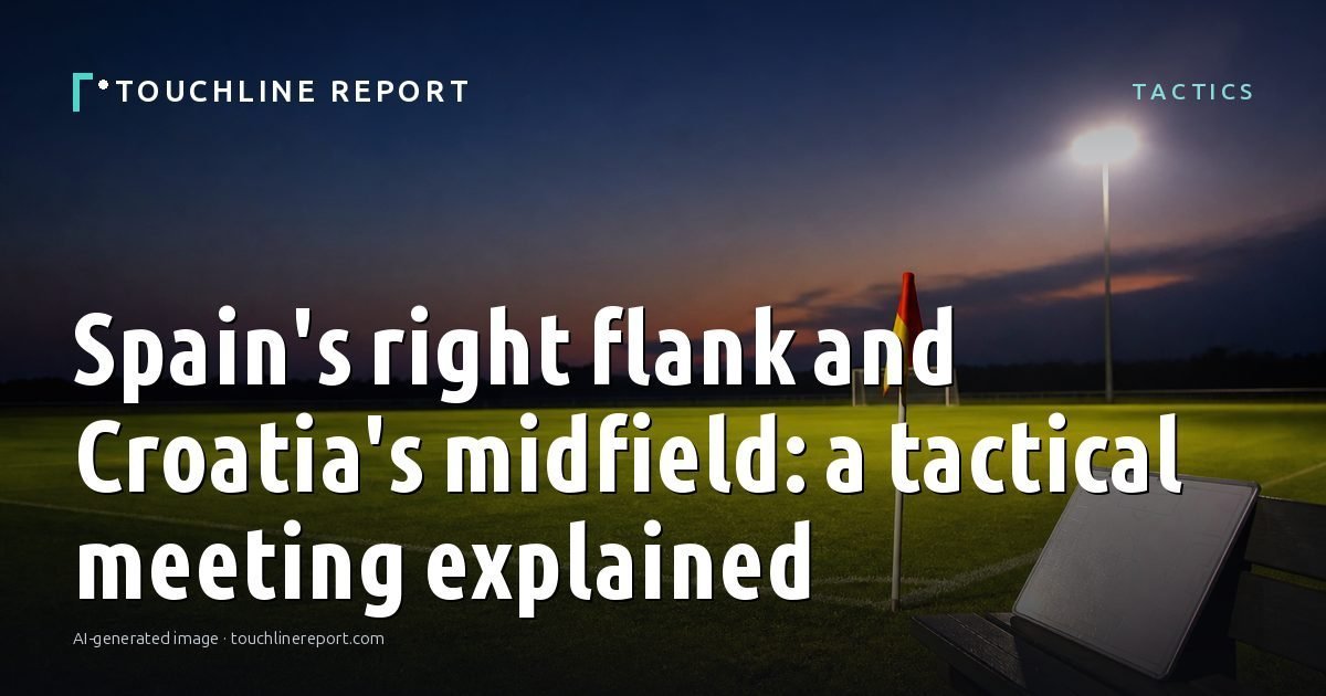 Illustration for the Tactics article “Spain's right flank and Croatia's midfield: a tactical meeting explained”: an AI-generated editorial illustration showing an empty training ground at dawn with cones and markers laid out, with the headline set over it. Illustrative only, not a photograph of a real event.