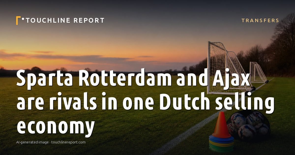 Illustration for the Transfers article “Sparta Rotterdam and Ajax are rivals in one Dutch selling economy”: an AI-generated editorial illustration showing an empty training ground at dawn with cones and markers laid out, with the headline set over it. Illustrative only, not a photograph of a real event.