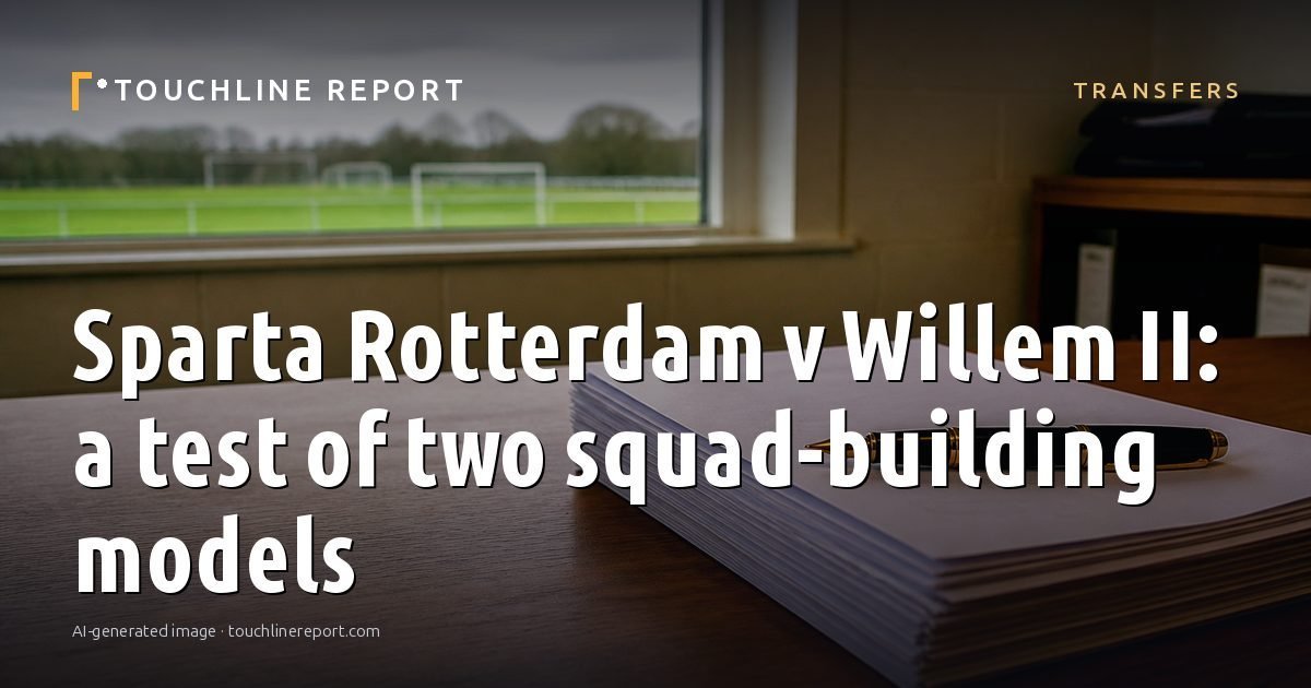 Illustration for the Transfers article “Sparta Rotterdam v Willem II: a test of two squad-building models”: an AI-generated editorial illustration showing an empty training ground at dawn with cones and markers laid out, with the headline set over it. Illustrative only, not a photograph of a real event.