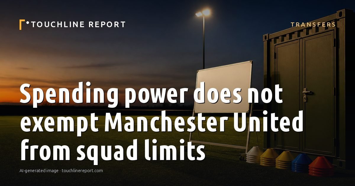 Illustration for the Transfers article “Spending power does not exempt Manchester United from squad limits”: an AI-generated editorial illustration showing a scene illustrating the subject of the article, with the headline set over it. Illustrative only, not a photograph of a real event.