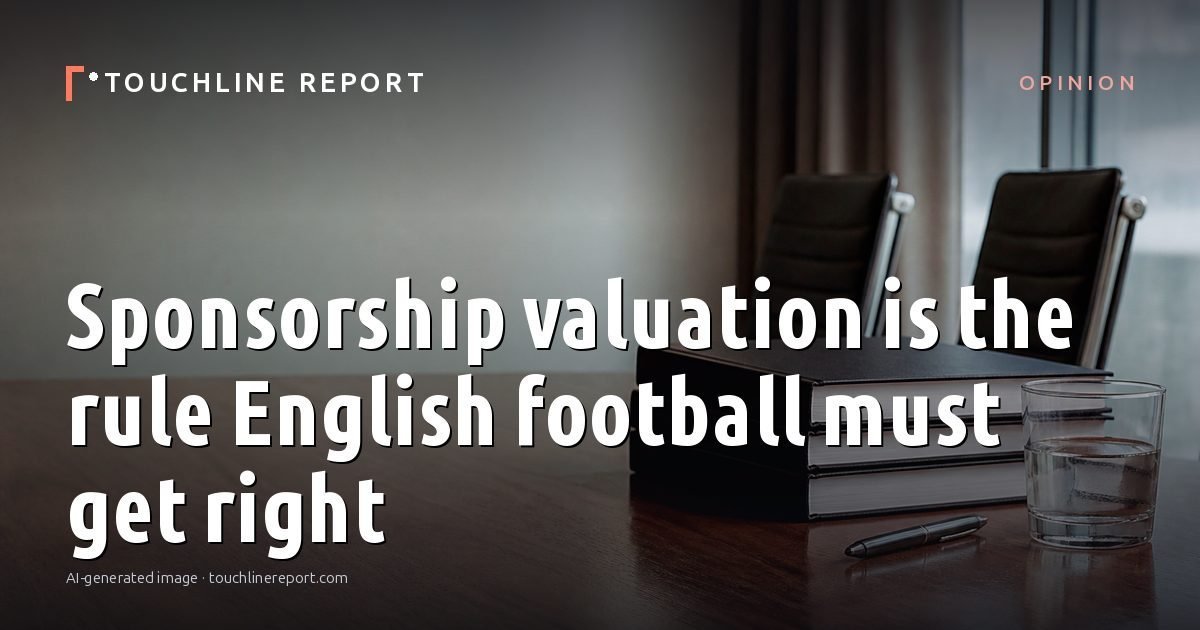 Illustration for the Opinion article “Sponsorship valuation is the rule English football must get right”: an AI-generated editorial illustration showing an empty training ground at dawn with cones and markers laid out, with the headline set over it. Illustrative only, not a photograph of a real event.