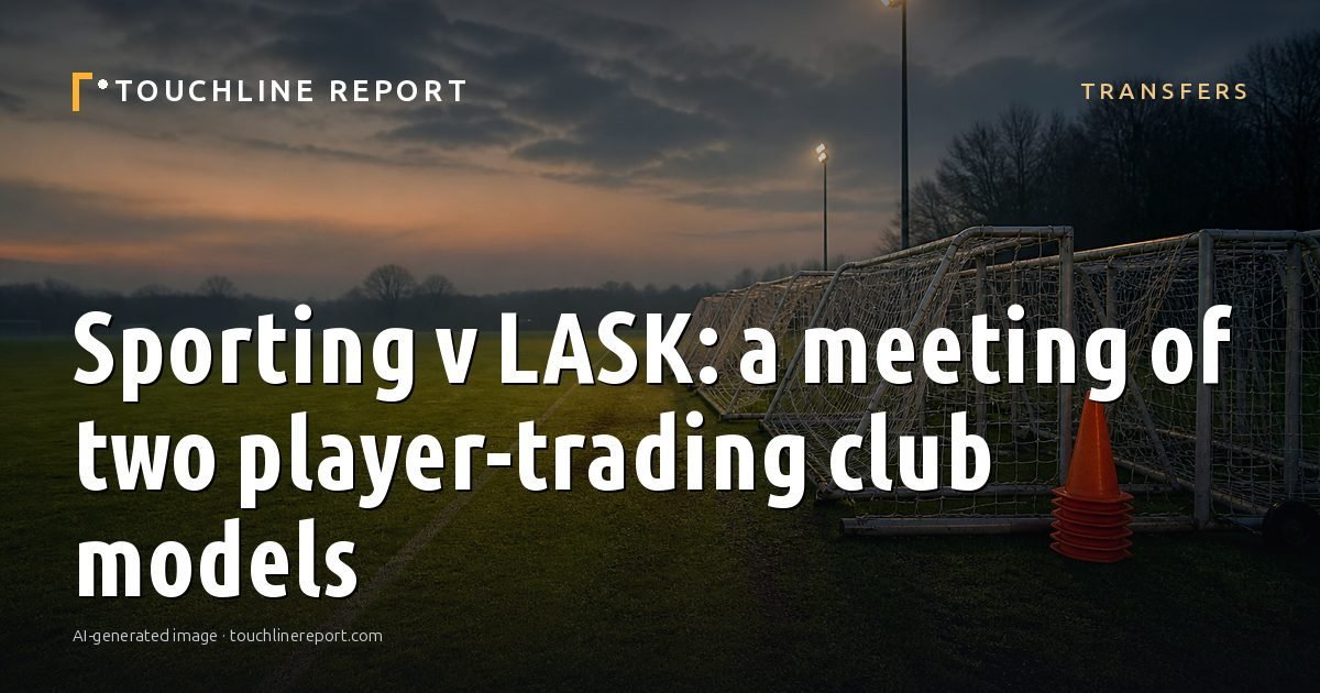 Illustration for the Transfers article “Sporting v LASK: a meeting of two player-trading club models”: an AI-generated editorial illustration showing an empty training ground at dawn with cones and markers laid out, with the headline set over it. Illustrative only, not a photograph of a real event.