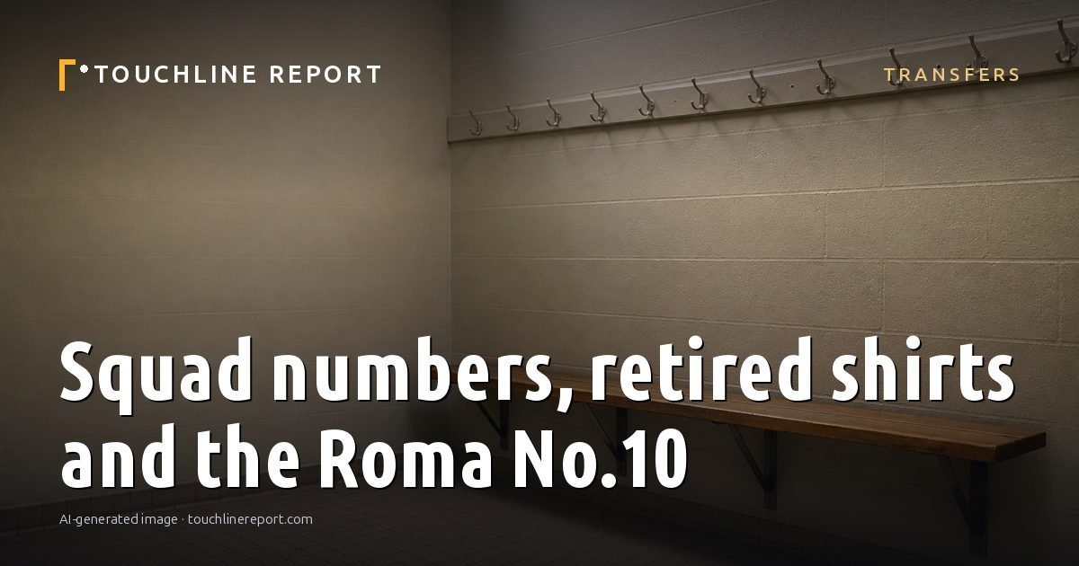 Illustration for the Transfers article “Squad numbers, retired shirts and the Roma No.10”: an AI-generated editorial illustration showing a scene illustrating the subject of the article, with the headline set over it. Illustrative only, not a photograph of a real event.