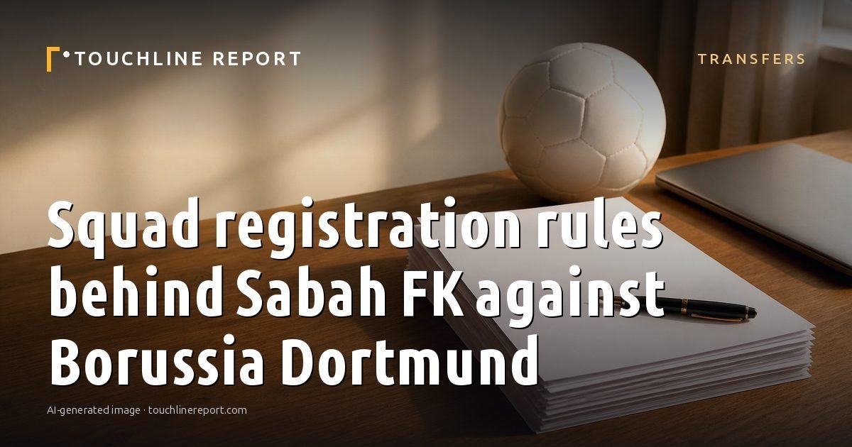 Illustration for the Transfers article “Squad registration rules behind Sabah FK against Borussia Dortmund”: an AI-generated editorial illustration showing an empty training ground at dawn with cones and markers laid out, with the headline set over it. Illustrative only, not a photograph of a real event.