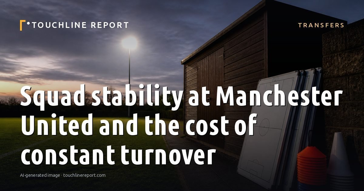 Illustration for the Transfers article “Squad stability at Manchester United and the cost of constant turnover”: an AI-generated editorial illustration showing a scene illustrating the subject of the article, with the headline set over it. Illustrative only, not a photograph of a real event.