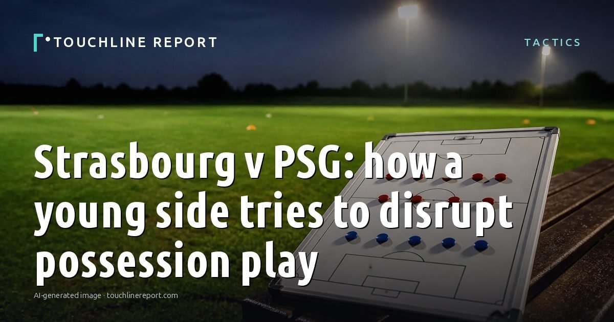 Illustration for the Tactics article “Strasbourg v PSG: how a young side tries to disrupt possession play”: an AI-generated editorial illustration showing an empty training ground at dawn with cones and markers laid out, with the headline set over it. Illustrative only, not a photograph of a real event.
