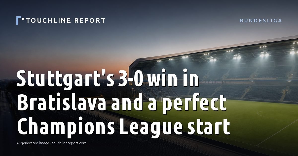 Illustration for the Bundesliga article “Stuttgart's 3-0 win in Bratislava and a perfect Champions League start”: an AI-generated editorial illustration showing an empty training ground at dawn with cones and markers laid out, with the headline set over it. Illustrative only, not a photograph of a real event.