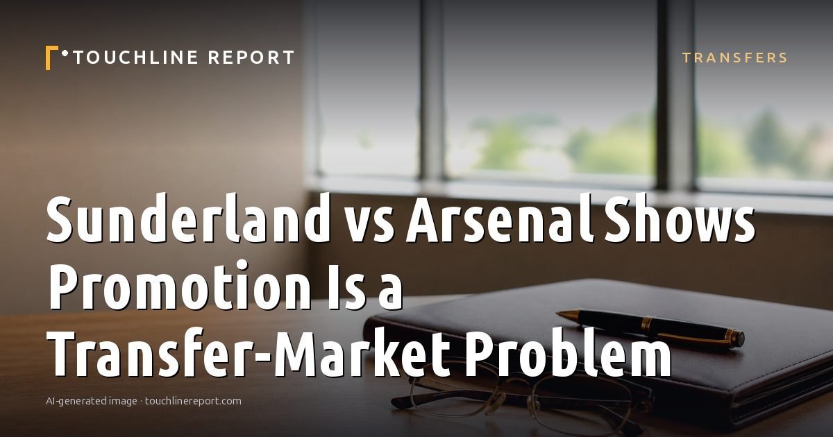 Illustration for the Transfers article “Sunderland vs Arsenal Shows Promotion Is a Transfer-Market Problem”: an AI-generated editorial illustration showing a scene illustrating the subject of the article, with the headline set over it. Illustrative only, not a photograph of a real event.