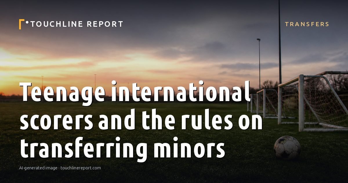 Illustration for the Transfers article “Teenage international scorers and the rules on transferring minors”: an AI-generated editorial illustration showing a scene illustrating the subject of the article, with the headline set over it. Illustrative only, not a photograph of a real event.