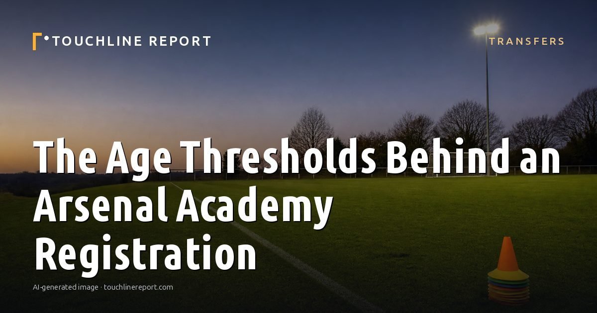Illustration for the Transfers article “The Age Thresholds Behind an Arsenal Academy Registration”: an AI-generated editorial illustration showing a scene illustrating the subject of the article, with the headline set over it. Illustrative only, not a photograph of a real event.