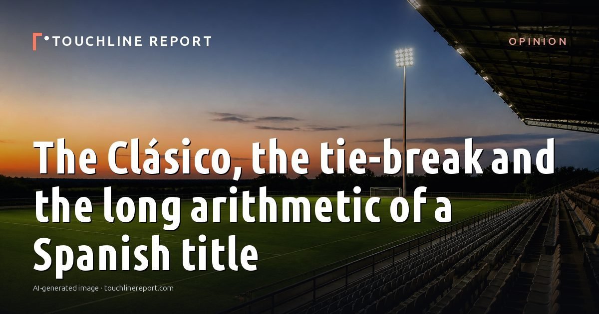 Illustration for the Opinion article “The Clásico, the tie-break and the long arithmetic of a Spanish title”: an AI-generated editorial illustration showing an empty training ground at dawn with cones and markers laid out, with the headline set over it. Illustrative only, not a photograph of a real event.