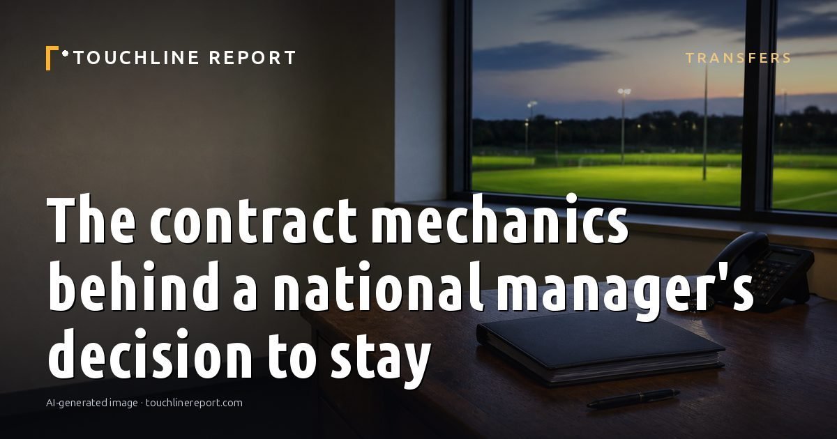 Illustration for the Transfers article “The contract mechanics behind a national manager's decision to stay”: an AI-generated editorial illustration showing an empty training ground at dawn with cones and markers laid out, with the headline set over it. Illustrative only, not a photograph of a real event.