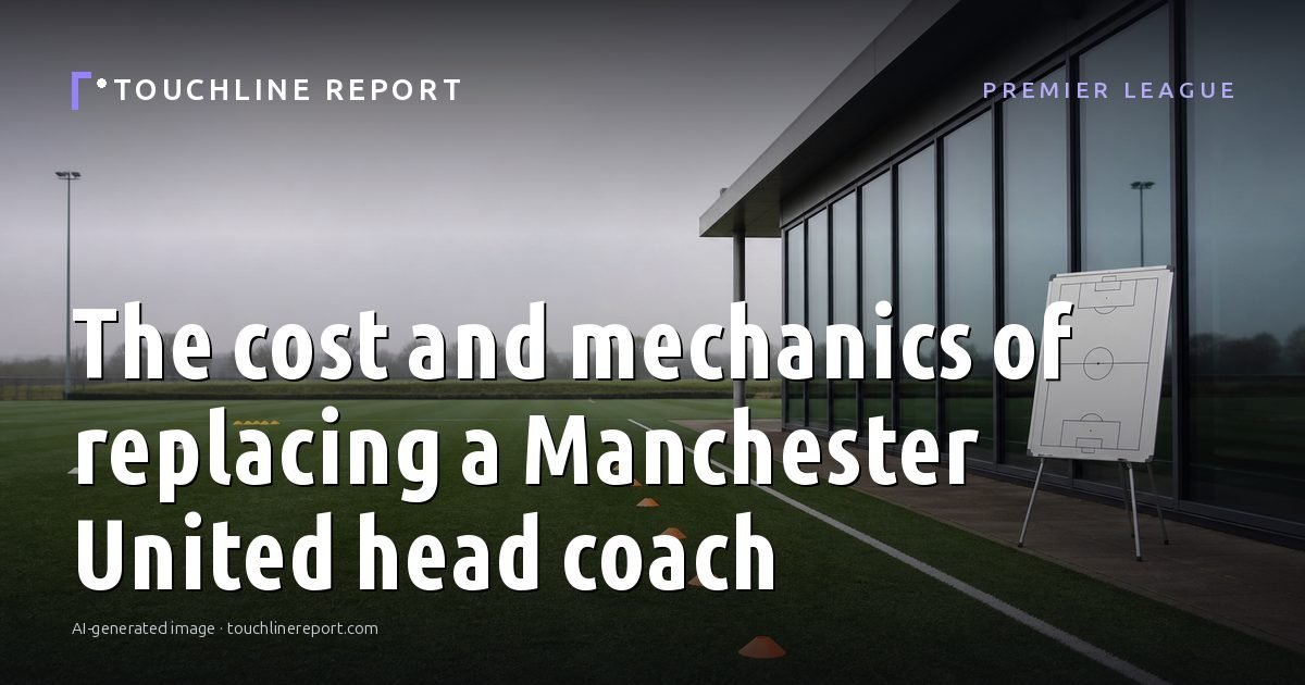 Illustration for the Premier League article “The cost and mechanics of replacing a Manchester United head coach”: an AI-generated editorial illustration showing an empty training ground at dawn with cones and markers laid out, with the headline set over it. Illustrative only, not a photograph of a real event.