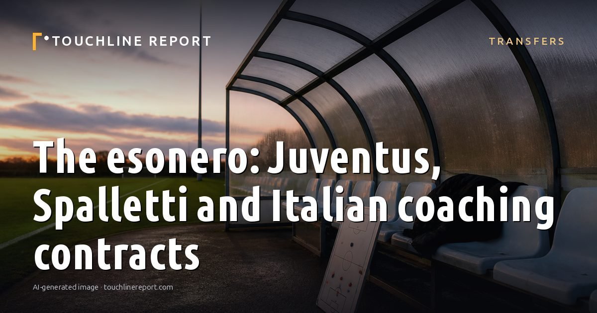 Illustration for the Transfers article “The esonero: Juventus, Spalletti and Italian coaching contracts”: an AI-generated editorial illustration showing a scene illustrating the subject of the article, with the headline set over it. Illustrative only, not a photograph of a real event.