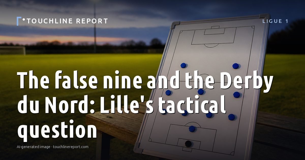 Illustration for the Ligue 1 article “The false nine and the Derby du Nord: Lille's tactical question”: an AI-generated editorial illustration showing a scene illustrating the subject of the article, with the headline set over it. Illustrative only, not a photograph of a real event.