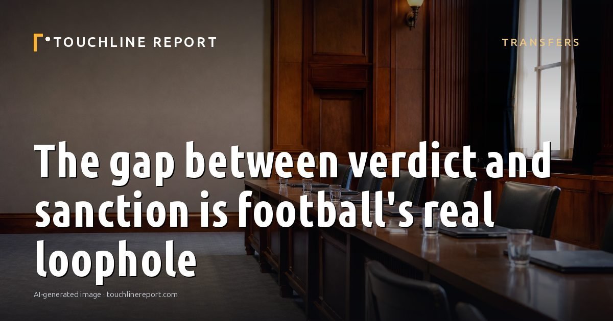 Illustration for the Transfers article “The gap between verdict and sanction is football's real loophole”: an AI-generated editorial illustration showing an empty training ground at dawn with cones and markers laid out, with the headline set over it. Illustrative only, not a photograph of a real event.