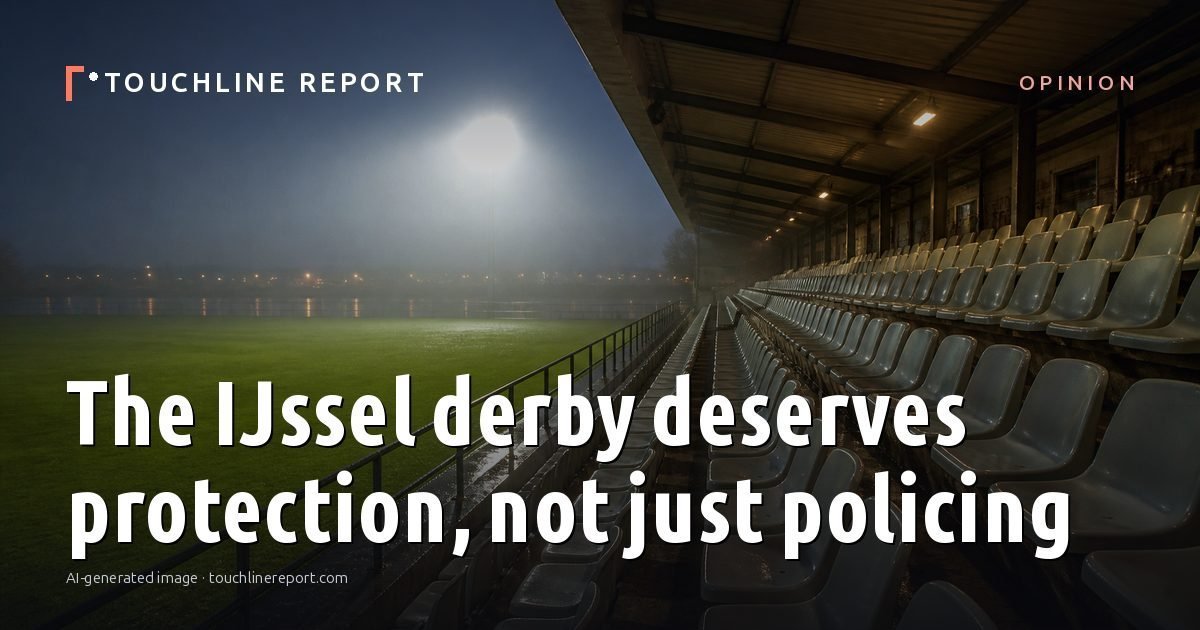 Illustration for the Opinion article “The IJssel derby deserves protection, not just policing”: an AI-generated editorial illustration showing an empty training ground at dawn with cones and markers laid out, with the headline set over it. Illustrative only, not a photograph of a real event.