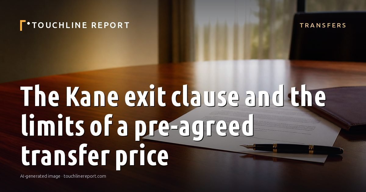 Illustration for the Transfers article “The Kane exit clause and the limits of a pre-agreed transfer price”: an AI-generated editorial illustration showing a scene illustrating the subject of the article, with the headline set over it. Illustrative only, not a photograph of a real event.