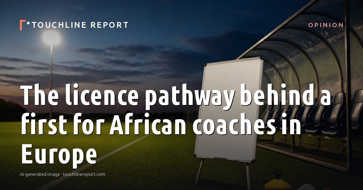 Illustration for the Opinion article “The licence pathway behind a first for African coaches in Europe”: an AI-generated editorial illustration showing an empty training ground at dawn with cones and markers laid out, with the headline set over it. Illustrative only, not a photograph of a real event.
