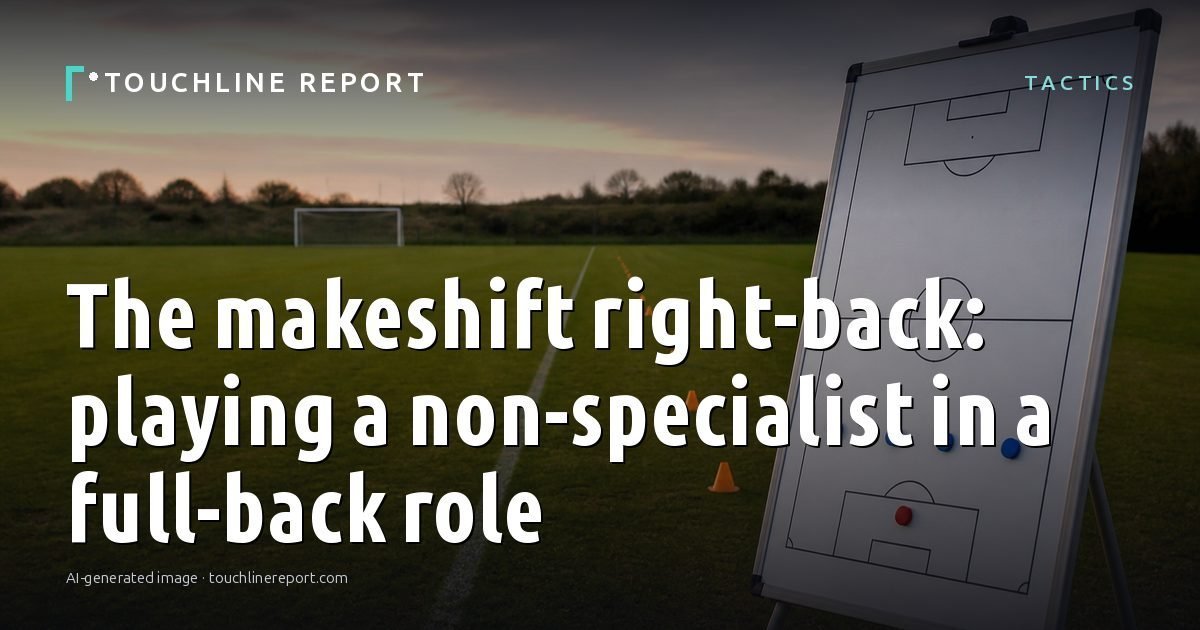 Illustration for the Tactics article “The makeshift right-back: playing a non-specialist in a full-back role”: an AI-generated editorial illustration showing a scene illustrating the subject of the article, with the headline set over it. Illustrative only, not a photograph of a real event.