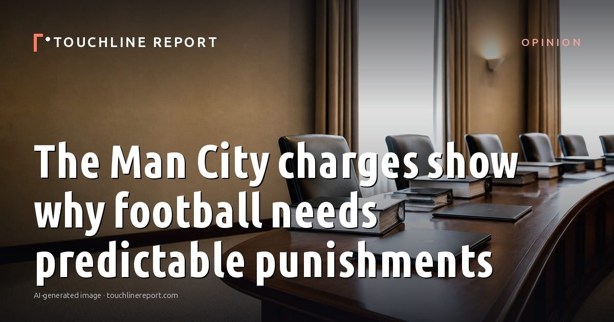Illustration for the Opinion article “The Man City charges show why football needs predictable punishments”: an AI-generated editorial illustration showing an empty training ground at dawn with cones and markers laid out, with the headline set over it. Illustrative only, not a photograph of a real event.