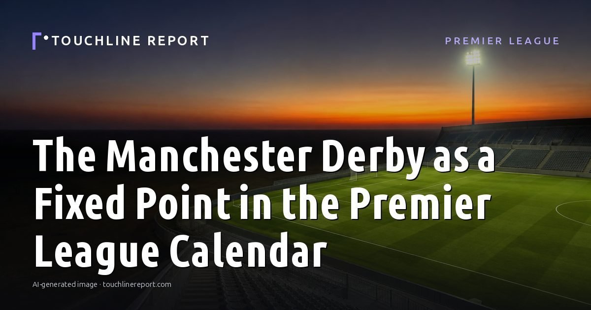 Illustration for the Premier League article “The Manchester Derby as a Fixed Point in the Premier League Calendar”: an AI-generated editorial illustration showing a scene illustrating the subject of the article, with the headline set over it. Illustrative only, not a photograph of a real event.