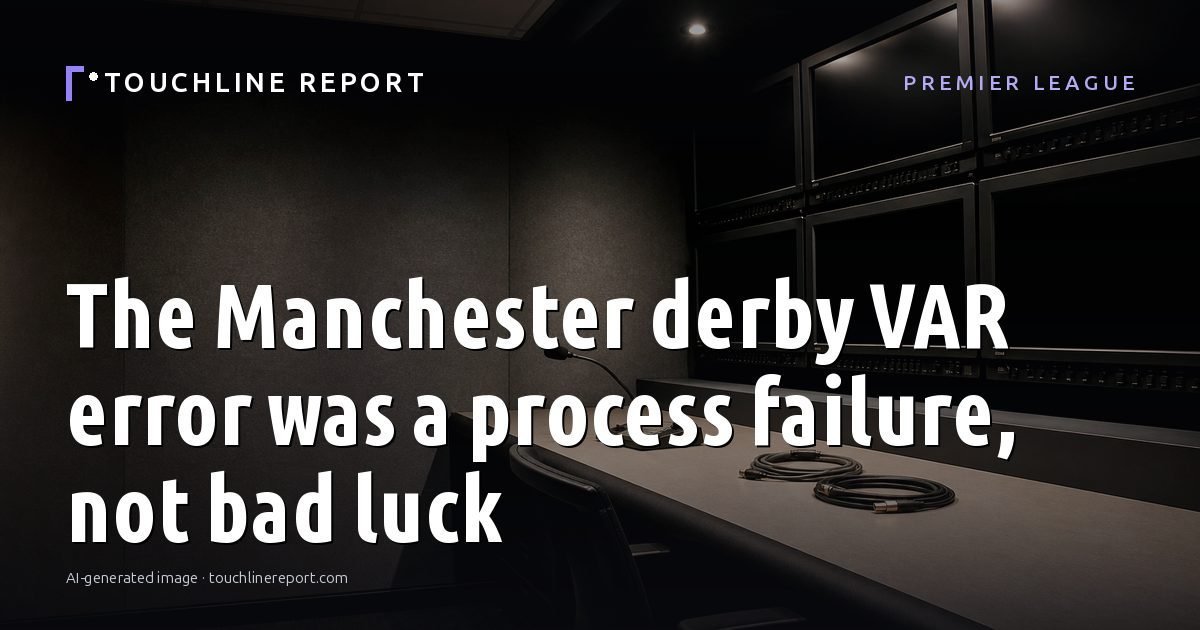 Illustration for the Premier League article “The Manchester derby VAR error was a process failure, not bad luck”: an AI-generated editorial illustration showing an empty training ground at dawn with cones and markers laid out, with the headline set over it. Illustrative only, not a photograph of a real event.