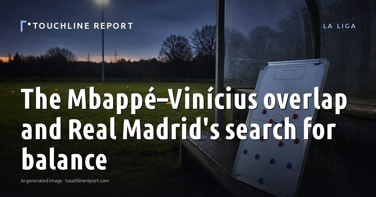 Illustration for the La Liga article “The Mbappé–Vinícius overlap and Real Madrid's search for balance”: an AI-generated editorial illustration showing a scene illustrating the subject of the article, with the headline set over it. Illustrative only, not a photograph of a real event.
