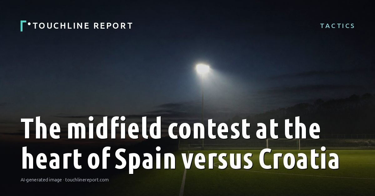 Illustration for the Tactics article “The midfield contest at the heart of Spain versus Croatia”: an AI-generated editorial illustration showing an empty training ground at dawn with cones and markers laid out, with the headline set over it. Illustrative only, not a photograph of a real event.