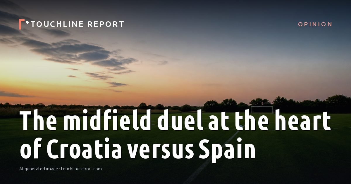 Illustration for the Opinion article “The midfield duel at the heart of Croatia versus Spain”: an AI-generated editorial illustration showing an empty training ground at dawn with cones and markers laid out, with the headline set over it. Illustrative only, not a photograph of a real event.