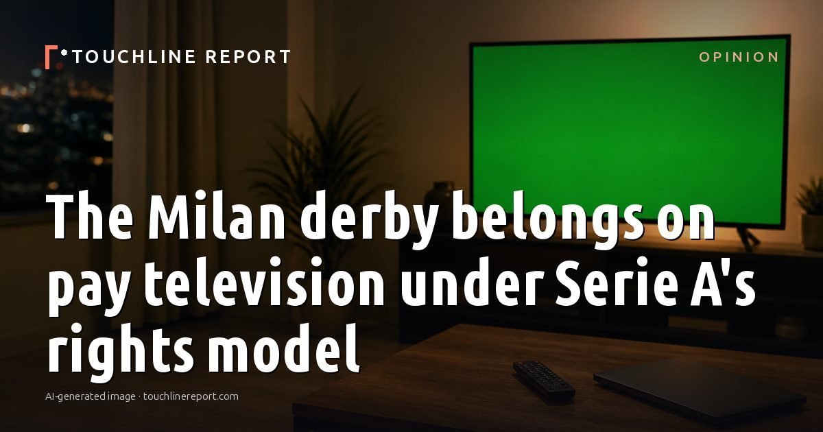 Illustration for the Opinion article “The Milan derby belongs on pay television under Serie A's rights model”: an AI-generated editorial illustration showing an empty training ground at dawn with cones and markers laid out, with the headline set over it. Illustrative only, not a photograph of a real event.