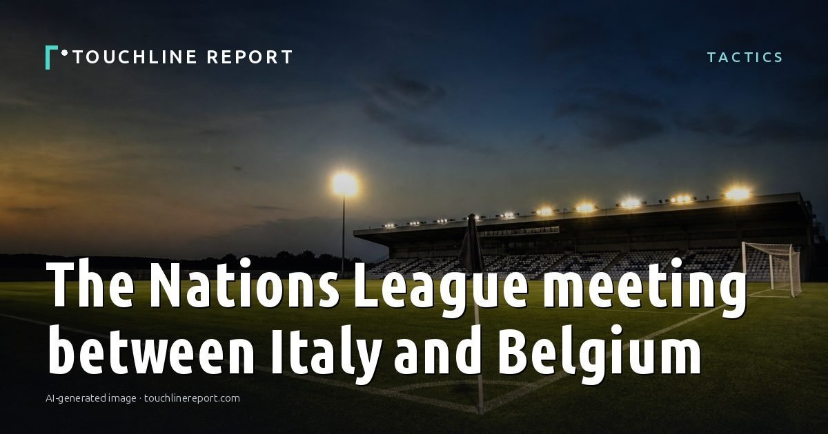 Illustration for the Tactics article “The Nations League meeting between Italy and Belgium”: an AI-generated editorial illustration showing an empty training ground at dawn with cones and markers laid out, with the headline set over it. Illustrative only, not a photograph of a real event.