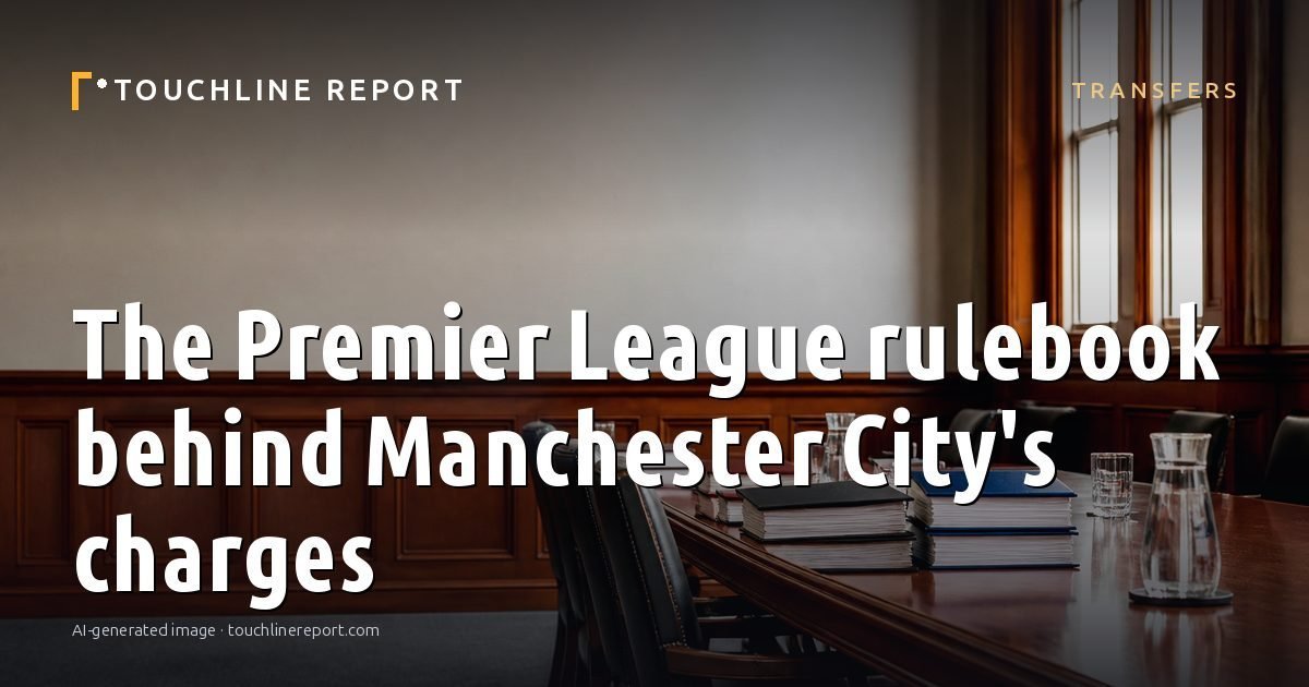 Illustration for the Transfers article “The Premier League rulebook behind Manchester City's charges”: an AI-generated editorial illustration showing a scene illustrating the subject of the article, with the headline set over it. Illustrative only, not a photograph of a real event.