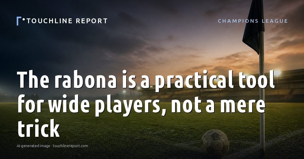 Illustration for the Champions League article “The rabona is a practical tool for wide players, not a mere trick”: an AI-generated editorial illustration showing an empty training ground at dawn with cones and markers laid out, with the headline set over it. Illustrative only, not a photograph of a real event.