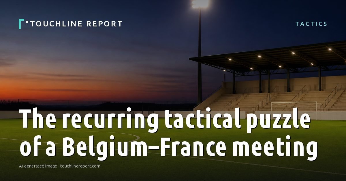 Illustration for the Tactics article “The recurring tactical puzzle of a Belgium–France meeting”: an AI-generated editorial illustration showing an empty training ground at dawn with cones and markers laid out, with the headline set over it. Illustrative only, not a photograph of a real event.
