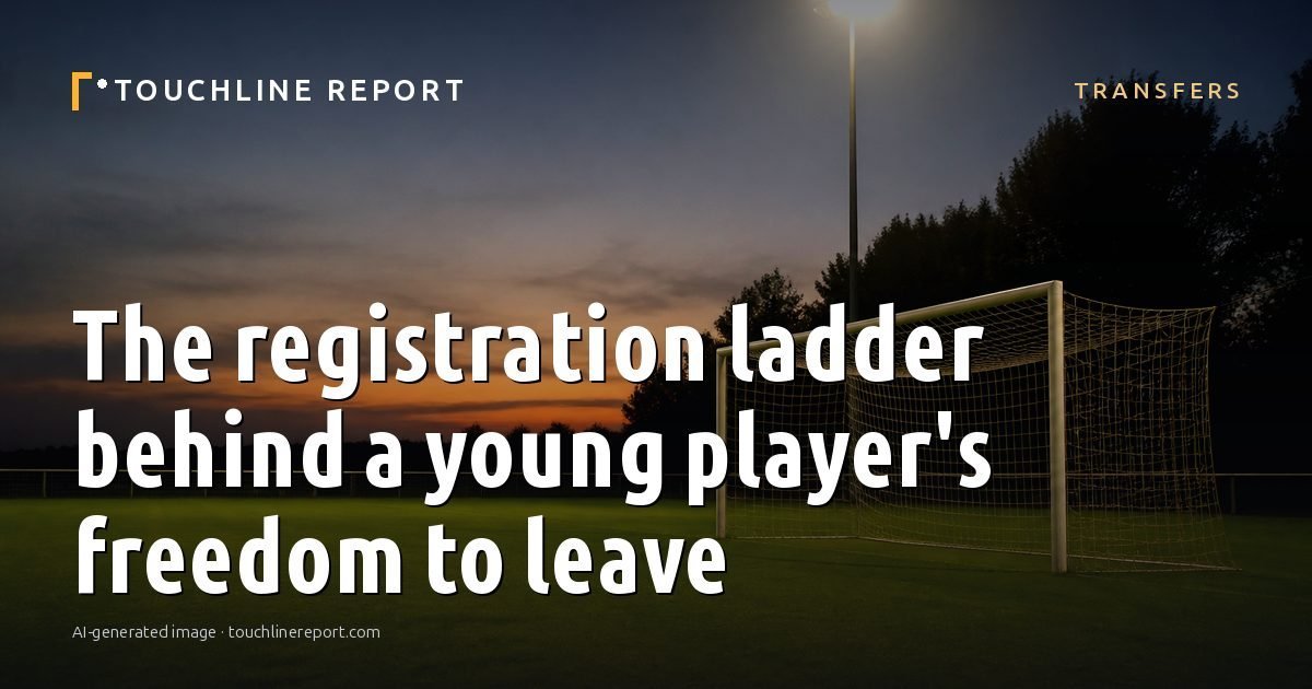 Illustration for the Transfers article “The registration ladder behind a young player's freedom to leave”: an AI-generated editorial illustration showing a scene illustrating the subject of the article, with the headline set over it. Illustrative only, not a photograph of a real event.