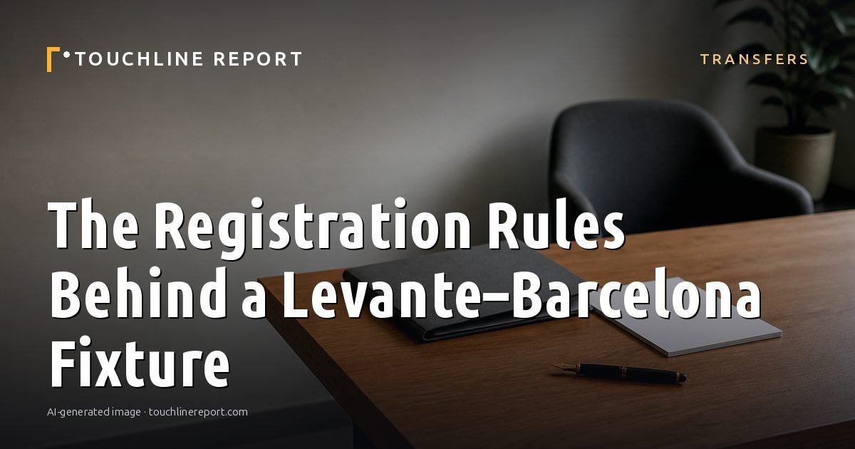 Illustration for the Transfers article “The Registration Rules Behind a Levante–Barcelona Fixture”: an AI-generated editorial illustration showing a scene illustrating the subject of the article, with the headline set over it. Illustrative only, not a photograph of a real event.
