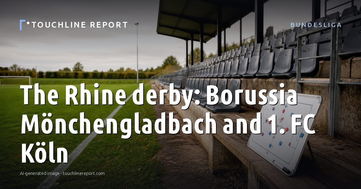Illustration for the Bundesliga article “The Rhine derby: Borussia Mönchengladbach and 1. FC Köln”: an AI-generated editorial illustration showing a scene illustrating the subject of the article, with the headline set over it. Illustrative only, not a photograph of a real event.