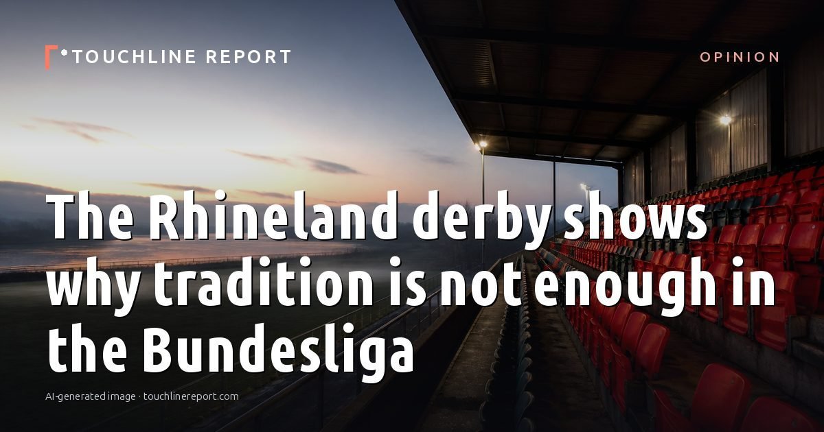 Illustration for the Opinion article “The Rhineland derby shows why tradition is not enough in the Bundesliga”: an AI-generated editorial illustration showing an empty training ground at dawn with cones and markers laid out, with the headline set over it. Illustrative only, not a photograph of a real event.