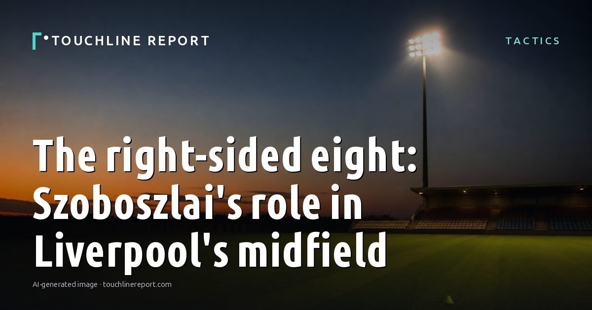Illustration for the Tactics article “The right-sided eight: Szoboszlai's role in Liverpool's midfield”: an AI-generated editorial illustration showing a scene illustrating the subject of the article, with the headline set over it. Illustrative only, not a photograph of a real event.