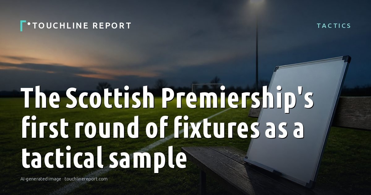 Illustration for the Tactics article “The Scottish Premiership's first round of fixtures as a tactical sample”: an AI-generated editorial illustration showing a scene illustrating the subject of the article, with the headline set over it. Illustrative only, not a photograph of a real event.