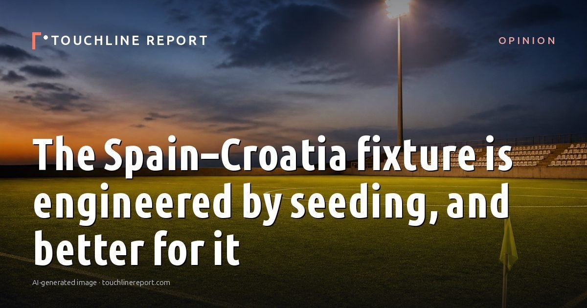 Illustration for the Opinion article “The Spain–Croatia fixture is engineered by seeding, and better for it”: an AI-generated editorial illustration showing an empty training ground at dawn with cones and markers laid out, with the headline set over it. Illustrative only, not a photograph of a real event.
