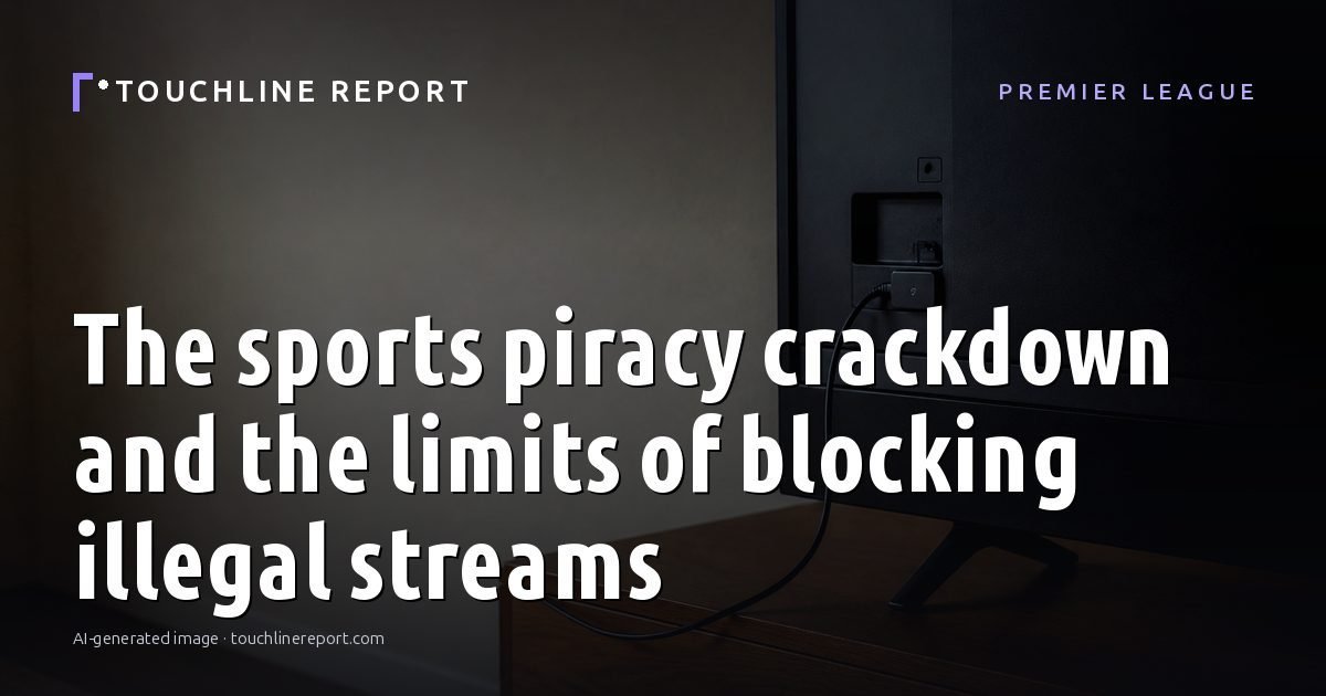 Illustration for the Premier League article “The sports piracy crackdown and the limits of blocking illegal streams”: an AI-generated editorial illustration showing a stadium crowd seen from high above, lights arranged in coordinated patterns, with the headline set over it. Illustrative only, not a photograph of a real event.