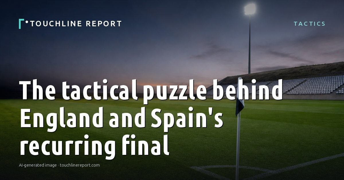 Illustration for the Tactics article “The tactical puzzle behind England and Spain's recurring final”: an AI-generated editorial illustration showing an empty training ground at dawn with cones and markers laid out, with the headline set over it. Illustrative only, not a photograph of a real event.